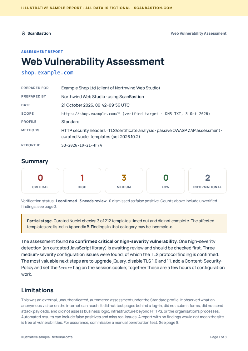 Page 1 of the sample report: cover with target, scope, profile and methods, severity counts of 0 critical, 1 high, 3 medium, 0 low and 2 informational, a partial-stage warning, the summary verdict and the limitations.